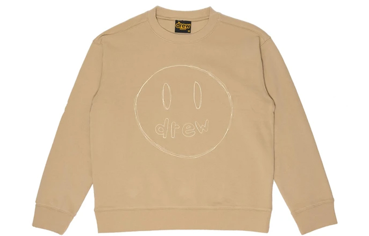 Drew House FW21 Sketch Mascot Khaki Crewneck Sweatshirt Unisex Smiley Design. DH-VF31222-SMKH