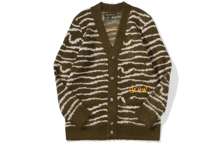 Drew House FW21 Sketch Mascot Squiggle Cardigan Olive Unisex Smiley Knit Sweater. DR-FW21-072