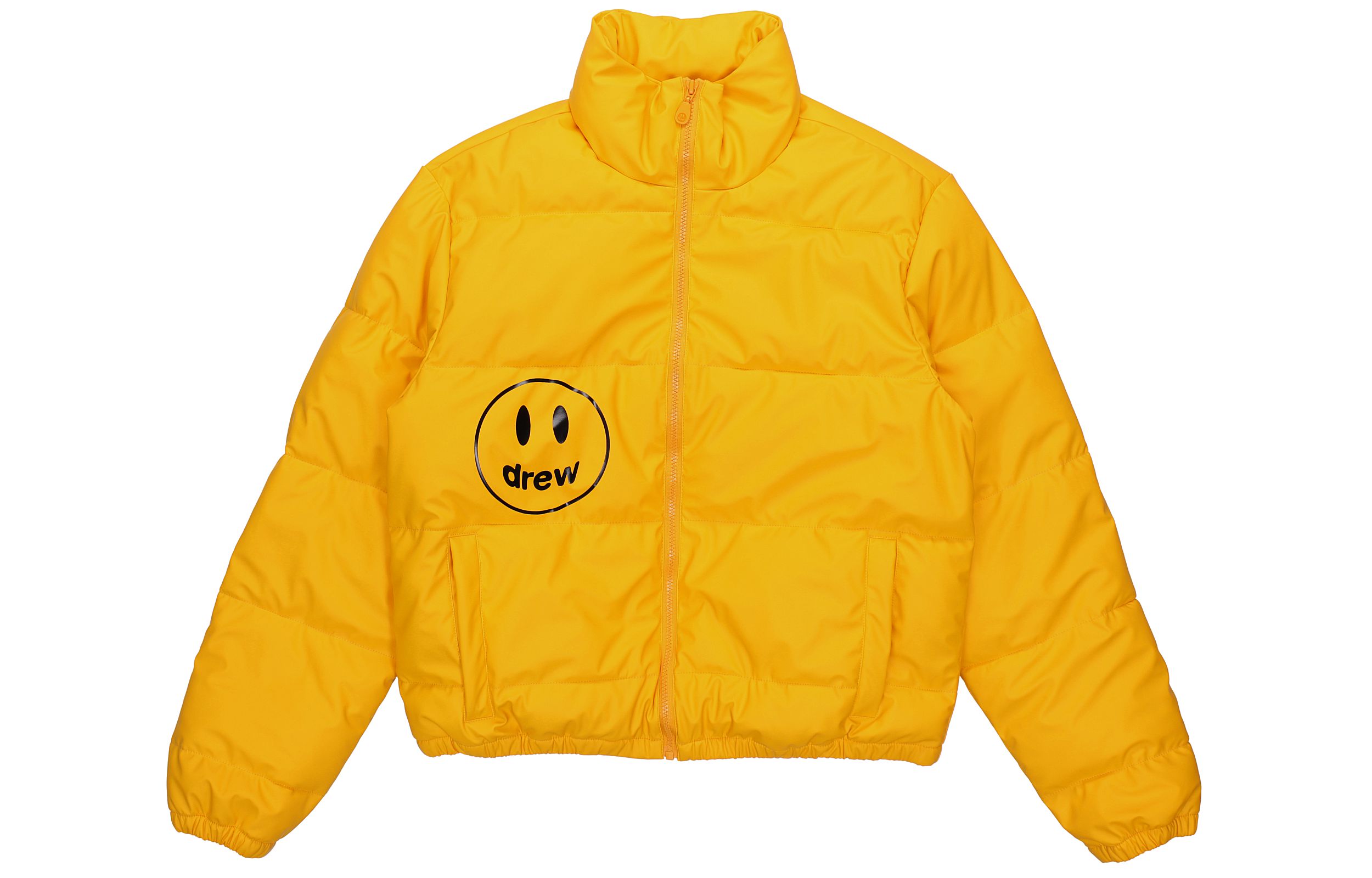 Drew House FW21 Smiley Mascot Puffer Jacket Golden Yellow Unisex Winter Wear. DR-FW21-110