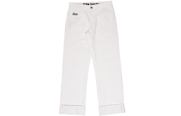 Drew House FW21 Smiley Selvedge Wide Leg Jeans White Unisex Embroidered Denim. DR-FW21-004
