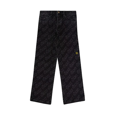 Drew House FW22 Carpenter Jeans All-Over Letter Print Unisex Straight Black Denim. DR-FW22-521
