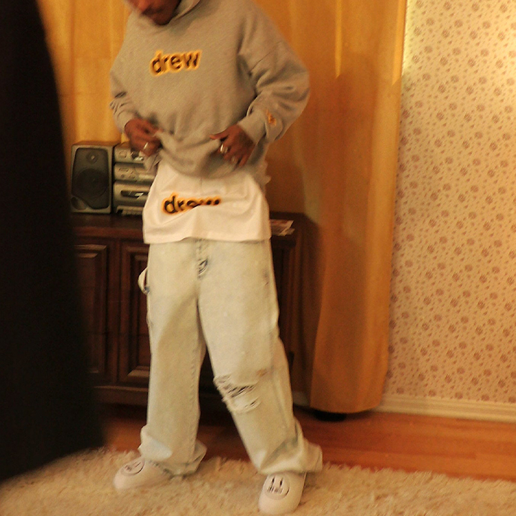 Shop 드류하우스 FW22 카펜터 페인트 인디고 디스트레스 데님 청바지 블루 유니섹스. DR-FW22-001