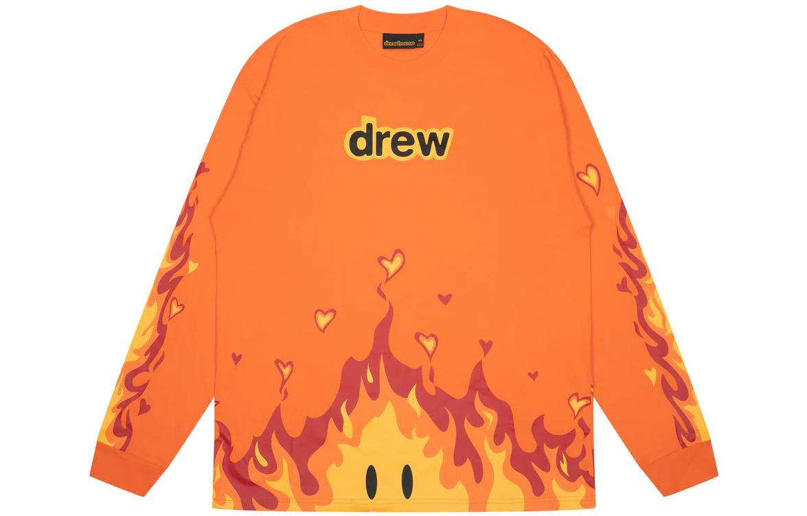 Drew House FW22 Fire Series Flame Print Long Sleeve Tee Unisex Orange. DR-FW22-789