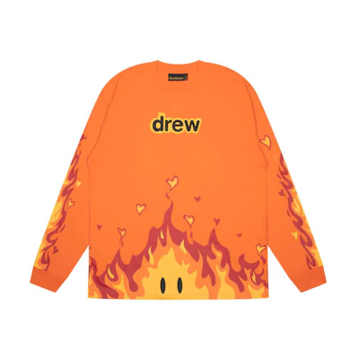 Drew House FW22 Fire Series Flame Print Long Sleeve Tee Unisex Orange. DR-FW22-789