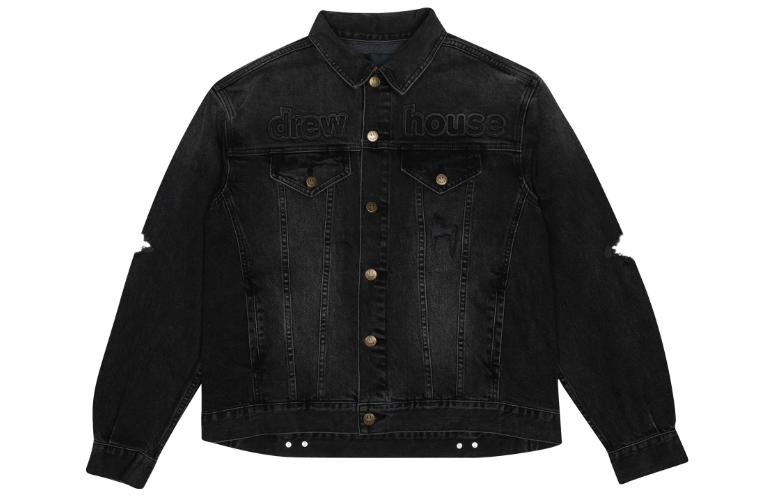 Order Drew House FW22 Flame Series Jaket Denim Hitam Unisex Distressed Washed DR-FW22-488