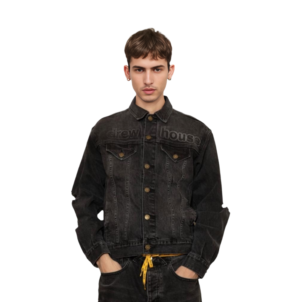 Shop Drew House FW22 Flame Series Jaket Denim Hitam Unisex Distressed Washed DR-FW22-488
