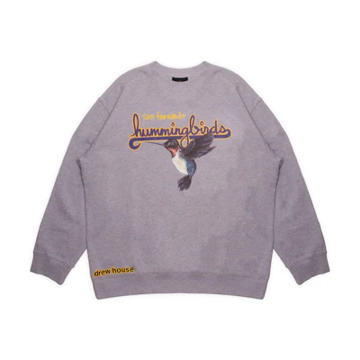 Drew House FW22 Hummingbirds Logo Crewneck Heather Grey Pullover Unisex Sweatshirt. DR-FW22-450