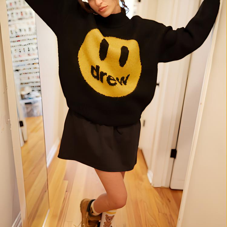 Purchase Drew House FW22吉祥物高領毛衣 黑色笑臉標誌 男女通用針織毛衣。 DR-FW22-517