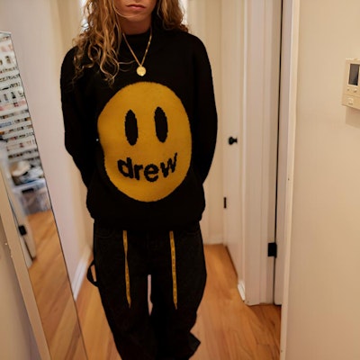 Drew House FW22吉祥物高領毛衣 黑色笑臉標誌 男女通用針織毛衣。 DR-FW22-517 Details for Drew House FW22吉祥物高領毛衣 黑色笑臉標誌 男女通用針織毛衣。 DR-FW22-517