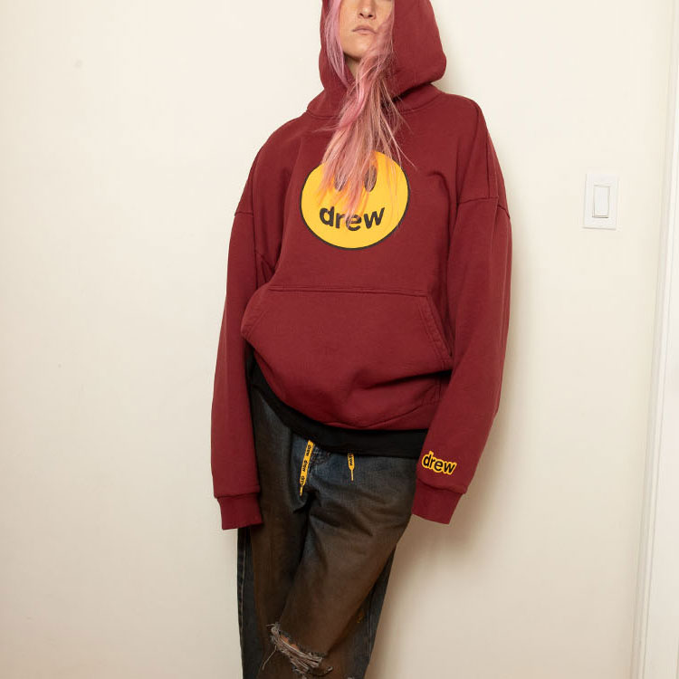 Shop Drew House FW22 吉祥物寬版連帽衫 酒紅色標誌印花抓絨連帽衫 DR-FW22-208