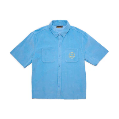 Drew House FW22 Pacific Blue Smiley Corduroy Short Sleeve Shirt Unisex. DR-SS22-986