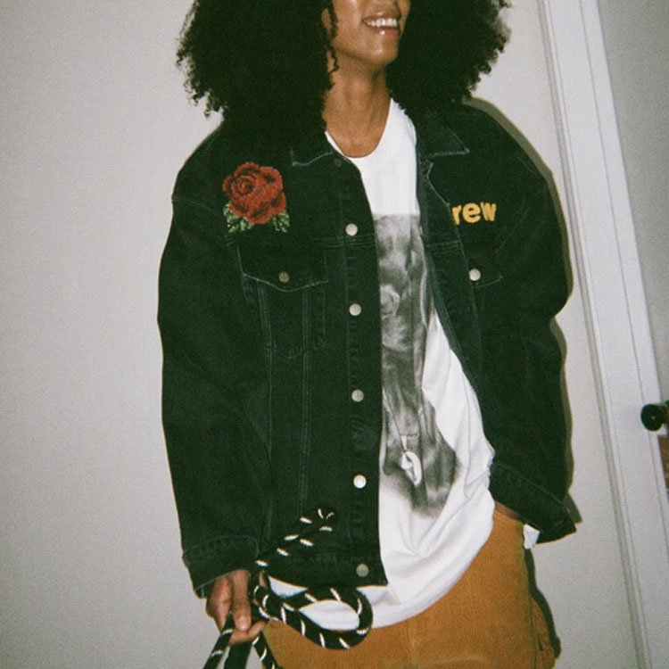 Sizing Drew House Jaket Denim Kartun Logo Skull Unisex Hitam. DR-SS21-48