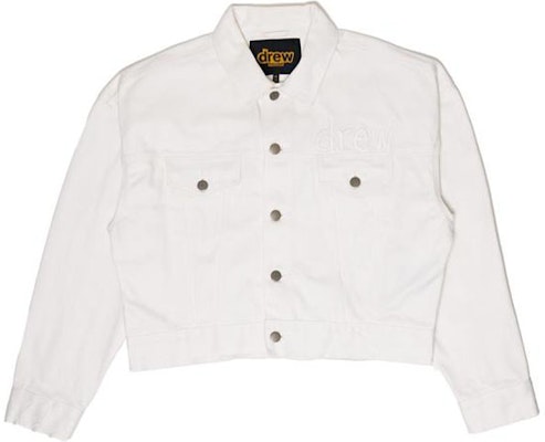 Jaket Denim Unisex Drew House Logo Cropped Selvedge Trucker Putih DR-FW21-003 Buy Jaket Denim Unisex Drew House Logo Cropped Selvedge Trucker Putih DR-FW21-003