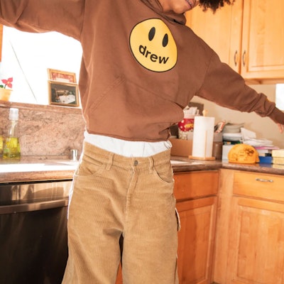 Drew House Mascot Deconstructed Hoodie Brown Unisex Smiley Pullover Sweater. DR-SS22-152 Details for Drew House Mascot Deconstructed Hoodie Brown Unisex Smiley Pullover Sweater. DR-SS22-152