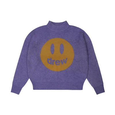 Drew House Mascot Funnel Neck Sweater Heather Amethyst Unisex Smiley Knit. DR-FW22-526