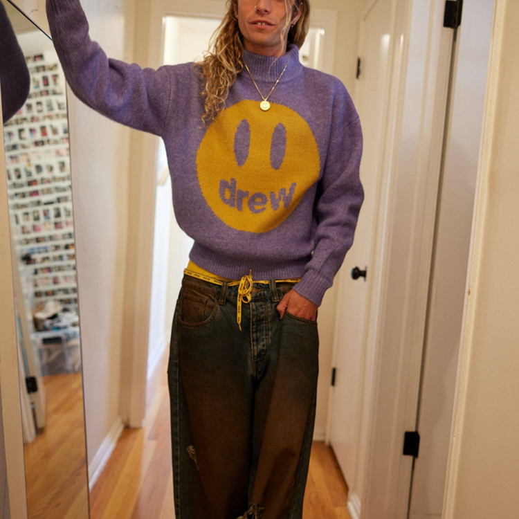Shop Suéter Unisex Drew House Mascot Funnel Neck Amatista Jaspeado Smiley Knit. DR-FW22-526