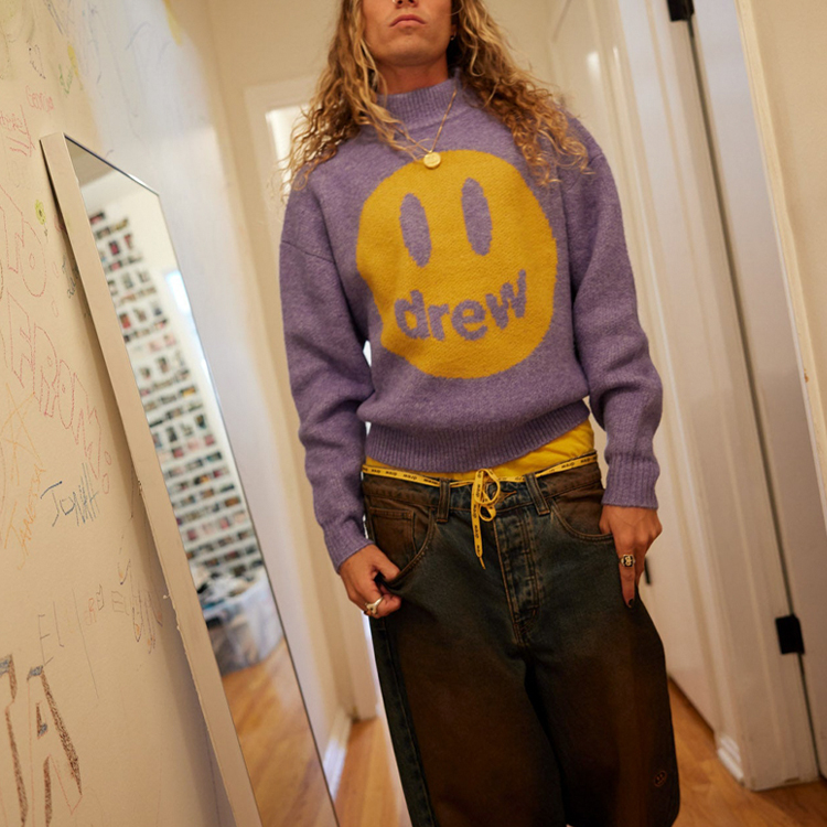 Purchase Suéter Unisex Drew House Mascot Funnel Neck Amatista Jaspeado Smiley Knit. DR-FW22-526