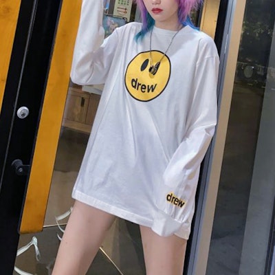 Drew House Mascot Smile 系列男女寬鬆白色長袖圓領上衣 DR1083 Details for Drew House Mascot Smile 系列男女寬鬆白色長袖圓領上衣 DR1083