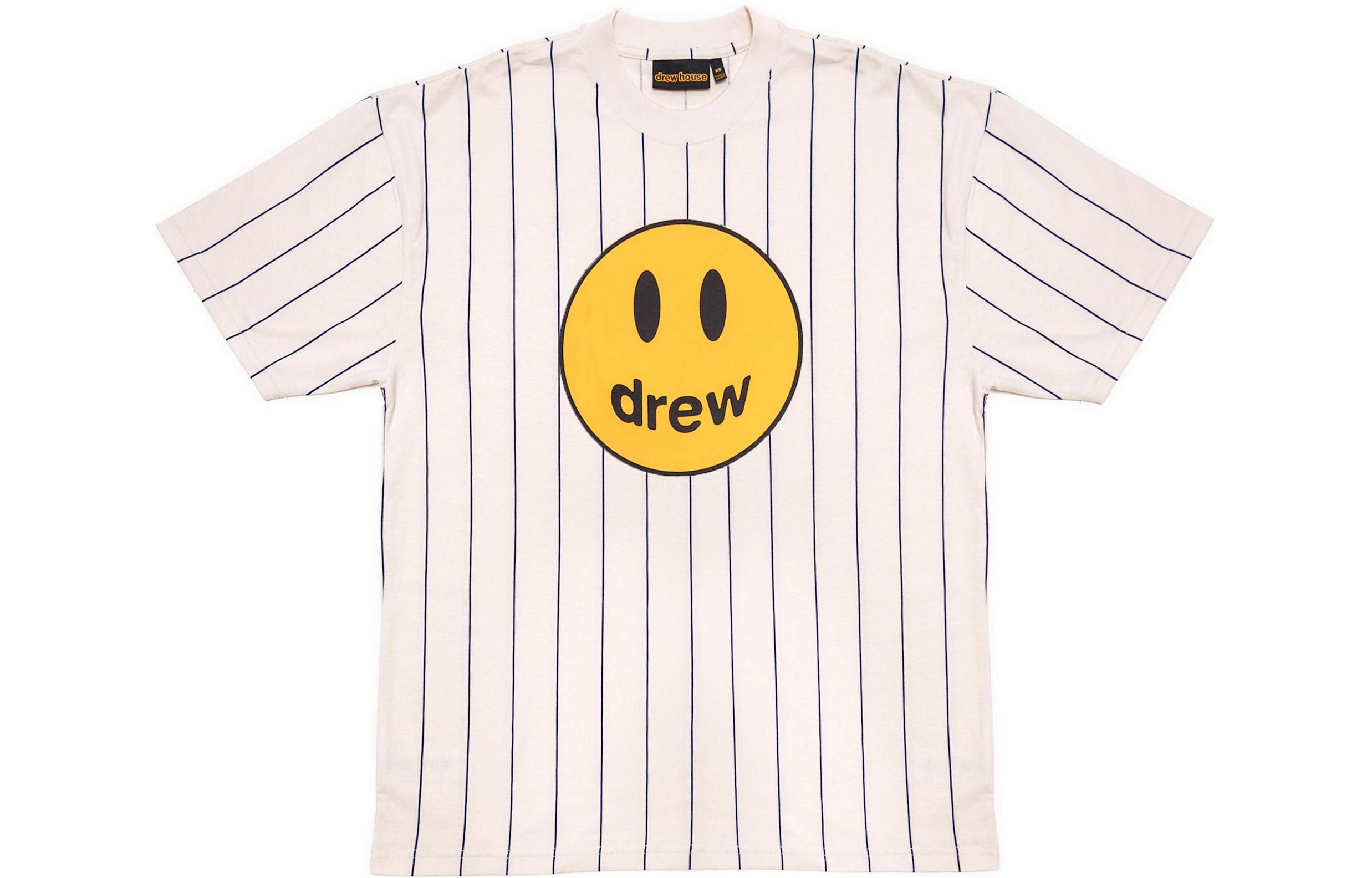 Drew House Mascot Smiley Logo Pinstripe Tee White Unisex Short Sleeve Shirt. DR-SS22-680