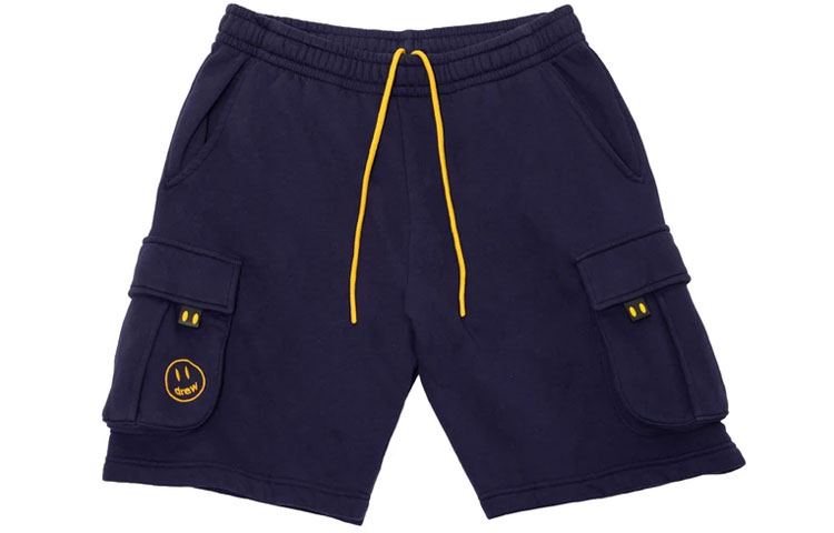 Drew House Navy Blue Smiley Face Logo Cargo Sweatshorts Unisex Casual Shorts. DR-SS21-148