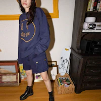 Sizing Drew House 海軍藍笑臉標誌休閒運動短褲 男女適穿短褲. DR-SS21-148