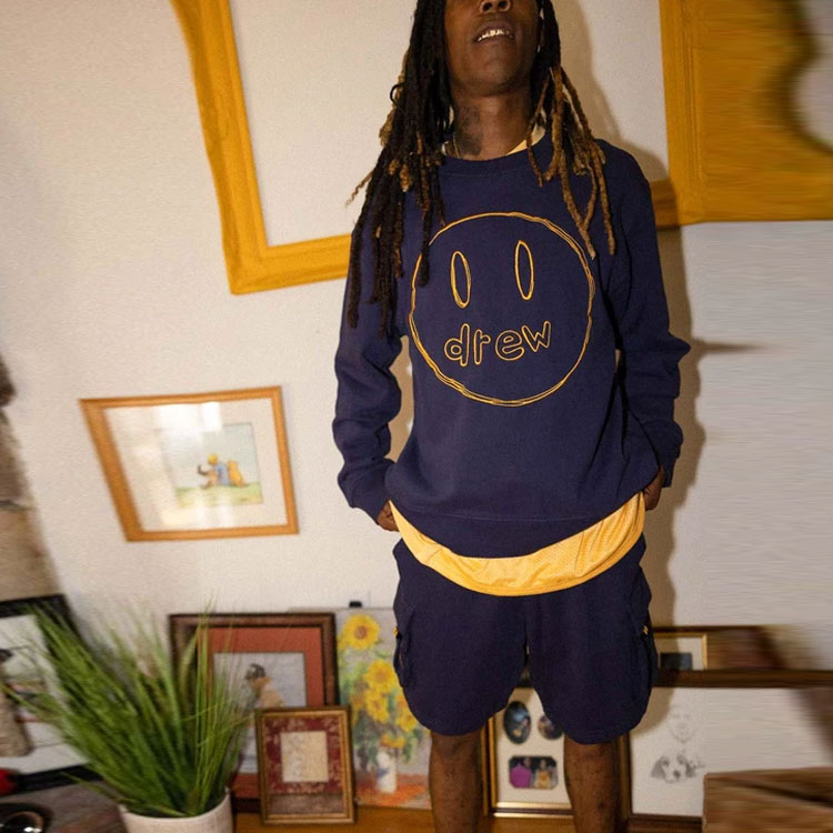 Cheap Drew House 藏蓝色笑脸标志工装休闲短裤 男女通用款 运动短裤 DR-SS21-148