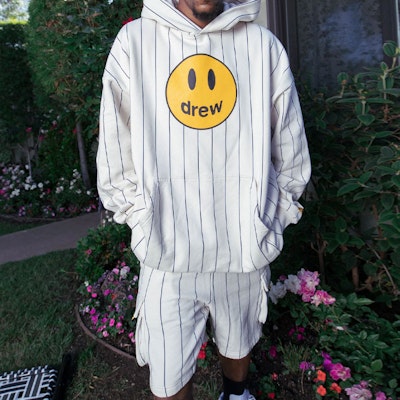 Sudadera con capucha Drew House Smiley a rayas azul marino y blanca. DR-SS22-237 Shop Sudadera con capucha Drew House Smiley a rayas azul marino y blanca. DR-SS22-237