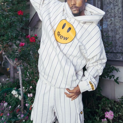 Sudadera con capucha Drew House Smiley a rayas azul marino y blanca. DR-SS22-237 Details for Sudadera con capucha Drew House Smiley a rayas azul marino y blanca. DR-SS22-237