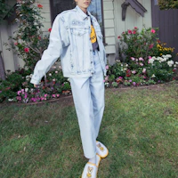 Details for Drew House Oversized Trucker Jacket Painted Indigo Unisex Light Blue Denim Jacket. DR-SS22-490