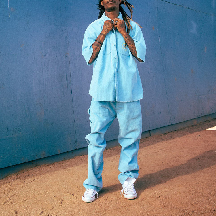 Details for Drew House Pacific Blue Smiley Corduroy Carpenter Pants Unisex Kasual Biru. DR-SS22-405