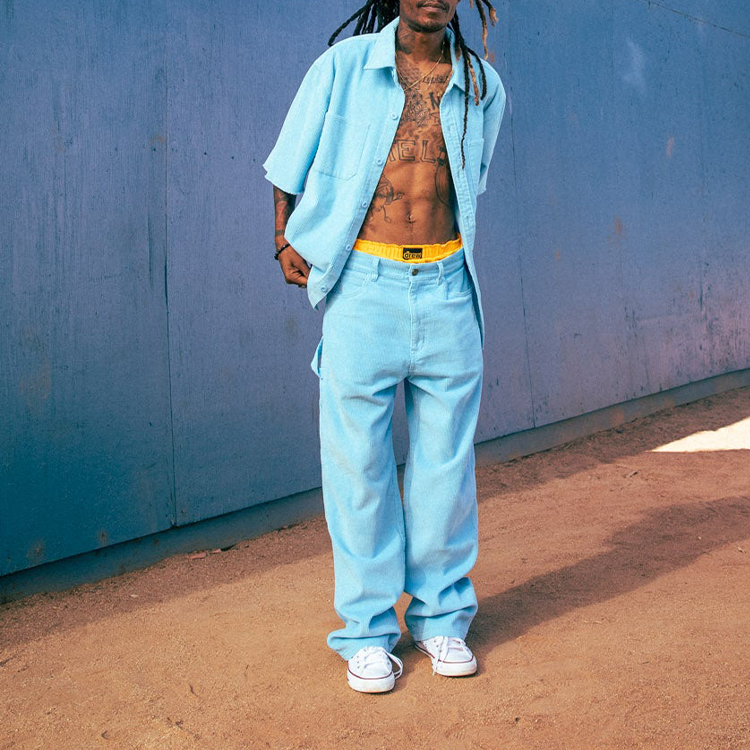 Sizing Drew House Pacific Blue Smiley Corduroy Carpenter Pants Unisex Kasual Biru. DR-SS22-405