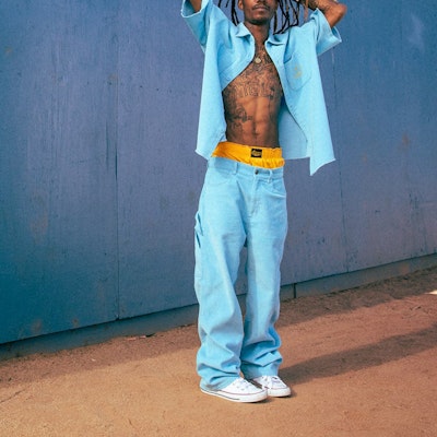 Drew House Pacific Blue Smiley Corduroy Carpenter Pants Unisex Kasual Biru. DR-SS22-405 1