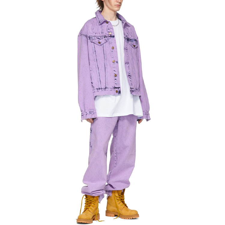 Lookbook Drew House Jaket Denim Ungu Retro dengan Logo, Rekaan Basuhan Air. DR-SS22-241