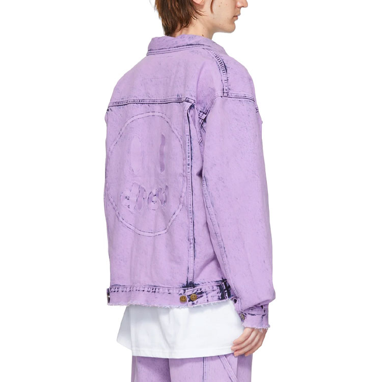 Shop Drew House Jaket Denim Ungu Retro dengan Logo, Rekaan Basuhan Air. DR-SS22-241