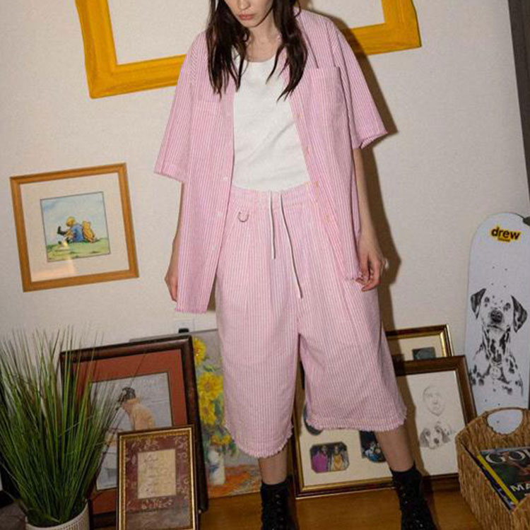 Details for Drew House 粉色条纹男女款教堂短裤 Seersucker Church Shorts. DR-SS21-125