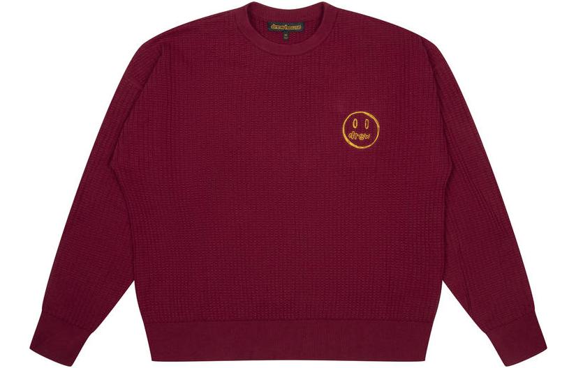 Drew House Sketch Mascot Waffle Sweater Burgundy Unisex Smiley Embroidered Knit Pullover. DW-FW22-558