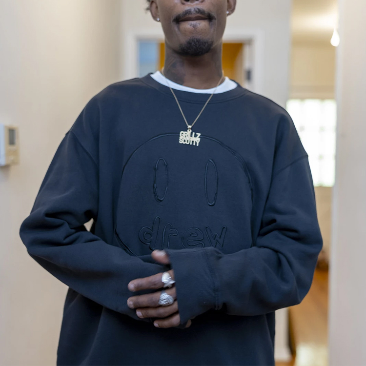 Details for Drew House Smile FW21 Sketch Mascot Hitam Crewneck Unisex Pullover Sweatshirt. DR-FW21-063