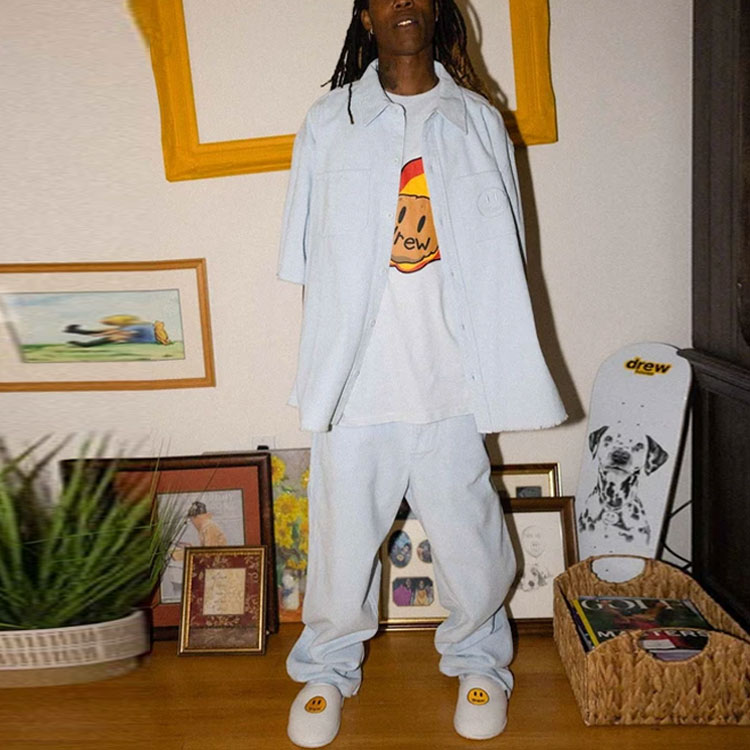 Shop Drew House Smiley Kemeja Corduroy Baby Blue Unisex - Rekaan Poket Logo Smiley. DR-SS21-121