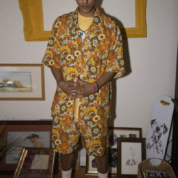 Shop Drew House Smiley Baju Kolar Cuban Rayon Floral Vintage Unisex Multicolor FW21 DR-FW21-016