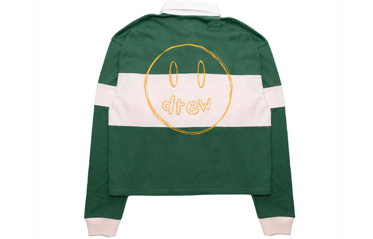 Drew House Smiley Hand-drawn Mascot Striped Rugby Polo Unisex Forest Green Gift DR-FW21-066