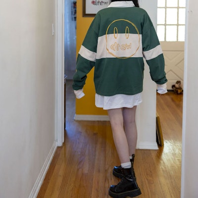 Drew House Smiley Hand-drawn Mascot Striped Rugby Polo Unisex Forest Green Gift DR-FW21-066 Purchase Drew House Smiley Hand-drawn Mascot Striped Rugby Polo Unisex Forest Green Gift DR-FW21-066