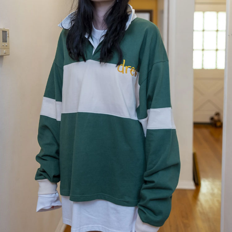 Details for Drew House Smiley Hand-drawn Mascot Striped Rugby Polo Unisex Forest Green Gift DR-FW21-066