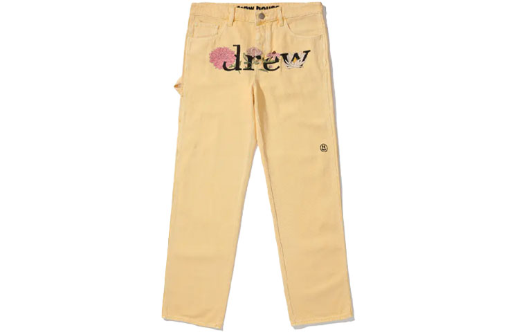 Drew House Smiley Logo SS21 Carpenter Jeans - Unisex Yellow Floral Embroidery Denim DR-SS21-116