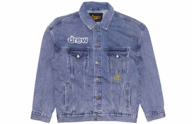 Drew House Jaket Trucker Denim Biru Unisex Motif Smiley Stone Wash. DR-FW21-050 Order Drew House Jaket Trucker Denim Biru Unisex Motif Smiley Stone Wash. DR-FW21-050