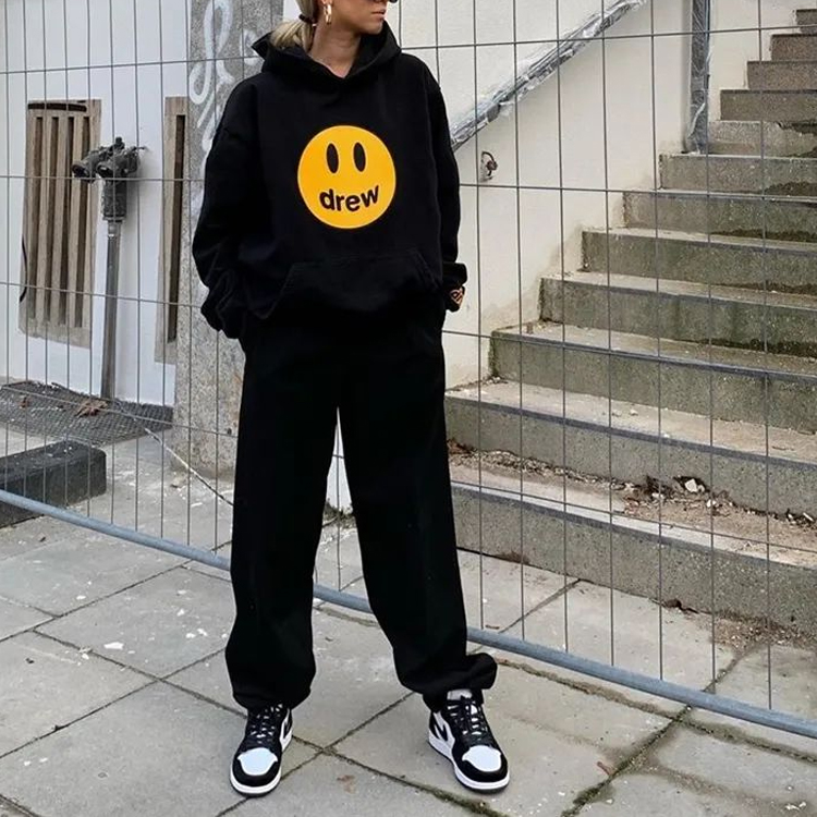 Purchase ドリューハウス スマイリープリント ブラック フリース プルオーバー ユニセックスパーカー DR0117