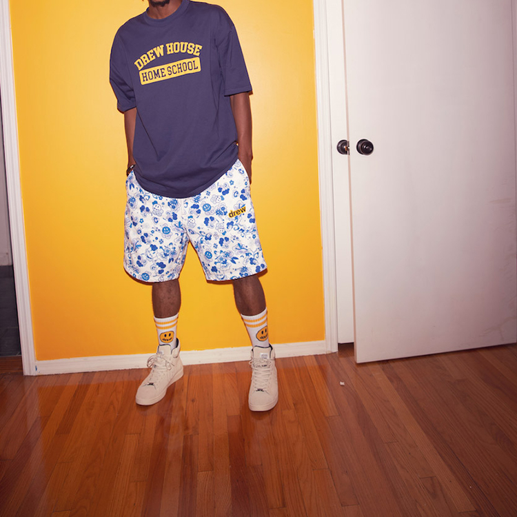 Shop Drew House Smiley Print Unisex Shorts Biru Danube DR-SS20-89