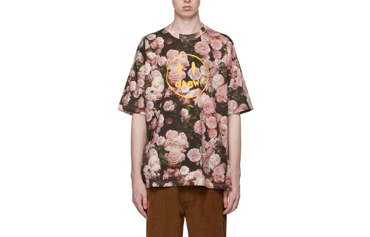 Drew House Smiley Roses Floral Logo Oversized Pink T-Shirt for Men DR-SS22-612