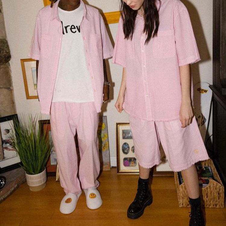 Shop Drew House Smiley Seersucker Baju Poket Lengan Pendek Jalur Pink Unisex. DR-SS21-124