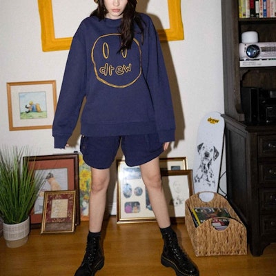 Drew House Smiley Sketch Mascot Crewneck Navy Baju Sejuk Pullover Unisex. DR-SS21-146 Purchase Drew House Smiley Sketch Mascot Crewneck Navy Baju Sejuk Pullover Unisex. DR-SS21-146