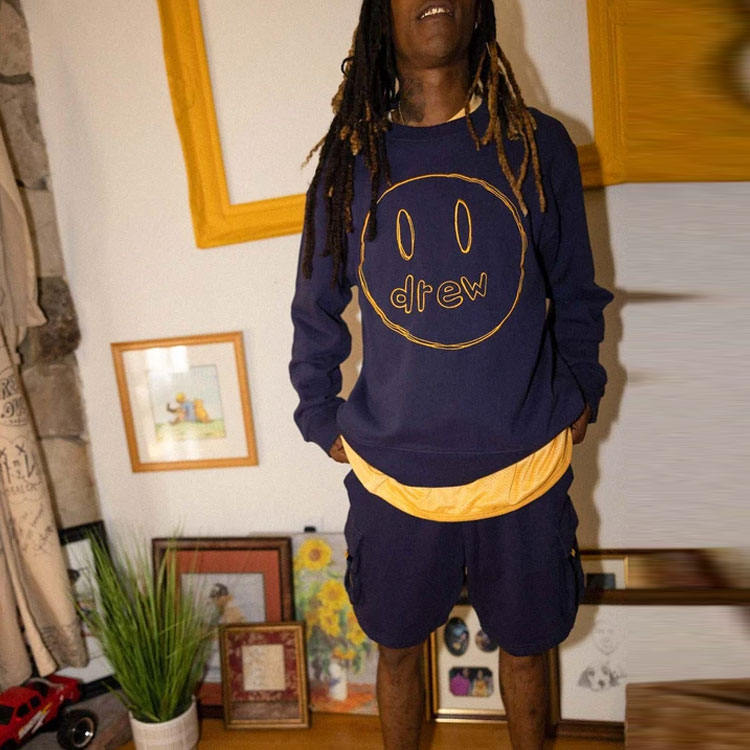 Sizing Drew House Smiley Sketch Mascot Crewneck Navy Baju Sejuk Pullover Unisex. DR-SS21-146